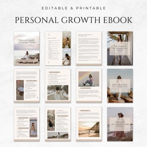 May include: A digital ebook titled "Personal Growth Ebook" with a cream-coloured background. The cover shows a woman in a white dress by the sea. Inside, pages display text and photos of women in various settings. The text includes "Editable & Printable".