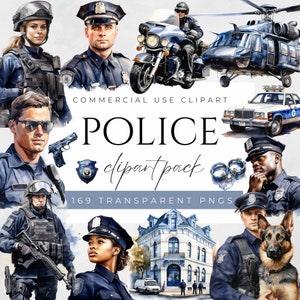 May include: A watercolour clipart pack featuring police officers, vehicles, and equipment. The pack includes a police officer with a gun, a police officer with handcuffs, a police officer with a dog, a police car, a police motorbike, a police helicopter, and a police station building. The clipart is ideal for creating digital designs, scrapbooking, and other crafts.
