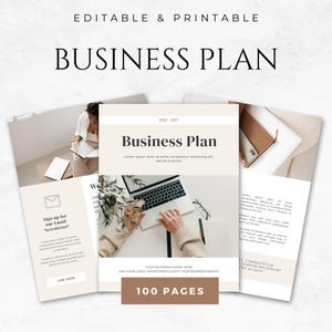 Puede incluir: Una plantilla de plan de negocios con un fondo beige y un rectángulo marrón con el texto "100 Páginas" en blanco. La plantilla tiene una sección para un nombre de negocio o logotipo, y el texto "2022-2027 Plan de Negocios" en negro. La plantilla está diseñada para un plan de negocios.