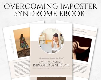 Puede incluir: Una portada de libro electrónico titulada "Superando el síndrome del impostor" con el texto "Editable e imprimible". La portada presenta imágenes de una mujer en la playa, una mujer en una computadora portátil y una mujer con las manos en la cara. El libro electrónico tiene 13 páginas.