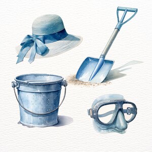 May include: A blue and white sun hat, a blue plastic spade, a blue metal bucket, and a blue diving mask. These items are all beach-themed and would be great for a day at the beach.