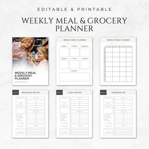 May include: Printable weekly meal and grocery planner with a black and white design. The planner includes sections for breakfast, lunch, and dinner recipes, as well as a weekly meal planner.
