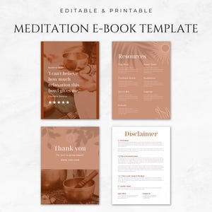 May include: A digital template for an e-book about meditation. The template features a brown background with a sun and leaves in the corner. The text "Resources" is at the top of the page. The text "Disclaimer" is at the top of the page. The text "Thank you" is at the top of the page. The text "I can't believe how much relaxation this bowl gives me." is at the top of the page. The text "Meditation E-book Template" is at the top of the page.