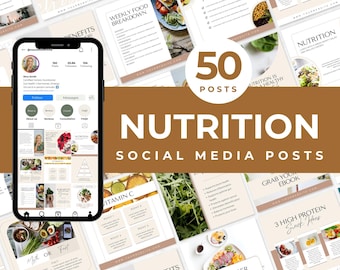 Nutrition Instagram Post Templates: Editable Canva Social Media (50 Posts)