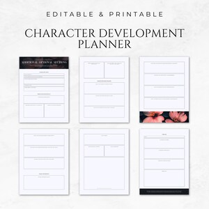May include: Printable character development planner with sections for additional optional details, including character background, motivations, and relationships. The planner has a black and white design with a floral image at the bottom.