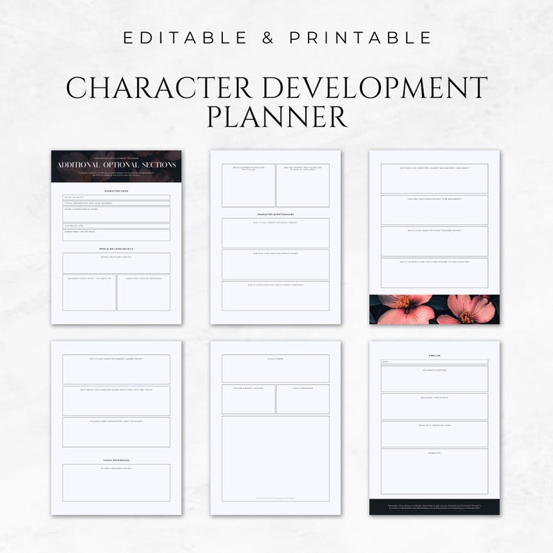 May include: Printable character development planner with sections for additional optional details, including character background, motivations, and relationships. The planner has a black and white design with a floral image at the bottom.