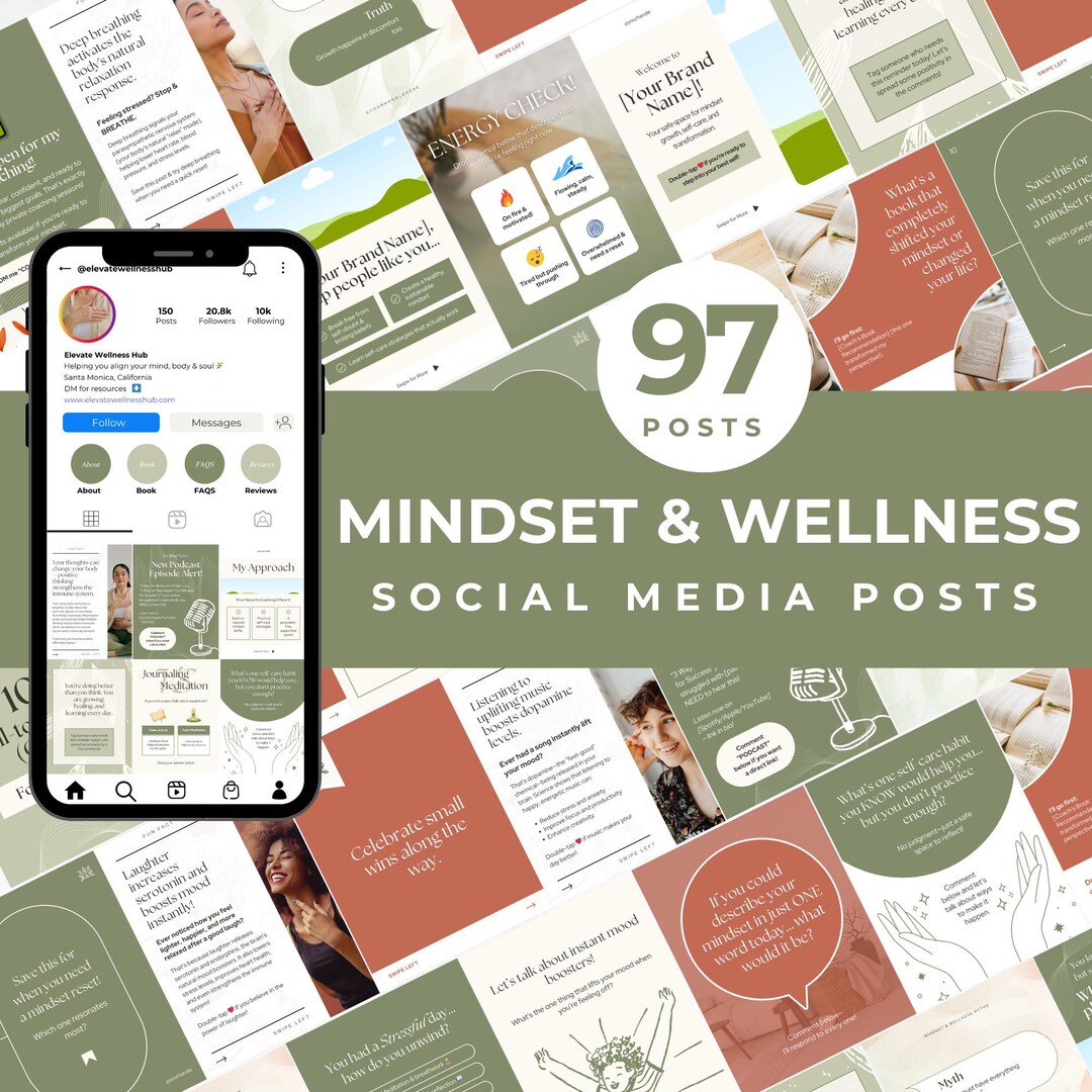 Mindset & Wellness Instagram Posts Templates Wellness Social Media ...