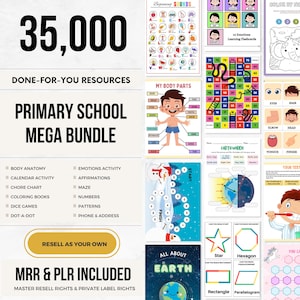 May include: A collection of educational printables for primary school students. The bundle includes resources for body anatomy, calendar activities, coloring books, and more. The text on the image reads "35,000" and "Primary School Mega Bundle".