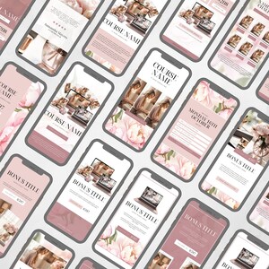 Peut inclure: Une mosa&iuml;que d'&eacute;crans de t&eacute;l&eacute;phone pr&eacute;sentant une annonce de cours avec un motif floral. Le cours est intitul&eacute; "COURSE NAME" et comprend un titre bonus, "BONUS TITLE", pour 397 &euro;. L'annonce comprend &eacute;galement une date, "MONDAY 16TH OCTOBER", et un formulaire d'inscription.