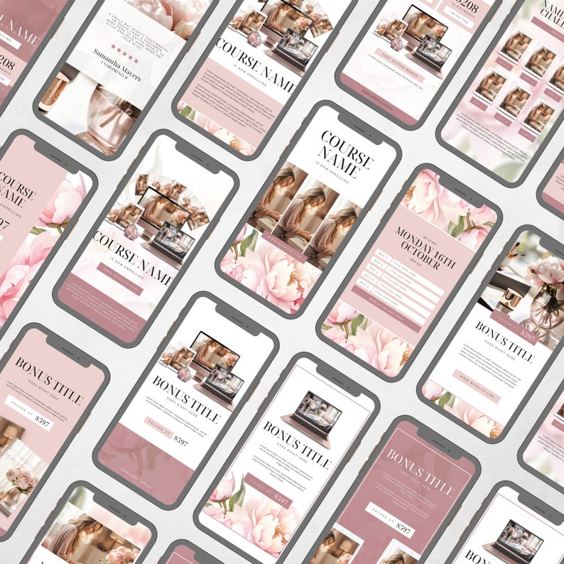 Peut inclure: Une mosa&iuml;que d'&eacute;crans de t&eacute;l&eacute;phone pr&eacute;sentant une annonce de cours avec un motif floral. Le cours est intitul&eacute; "COURSE NAME" et comprend un titre bonus, "BONUS TITLE", pour 397 &euro;. L'annonce comprend &eacute;galement une date, "MONDAY 16TH OCTOBER", et un formulaire d'inscription.