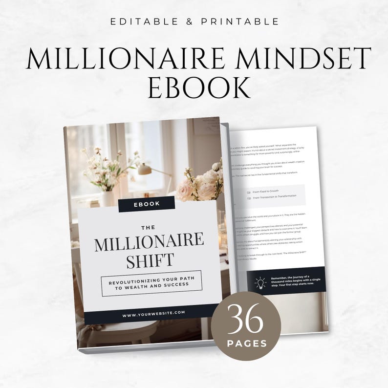 May include: A white and gray ebook cover with the title "The Millionaire Shift" and the tagline "Revolutionizing your path to wealth and success". The cover also includes a website address and the number "36" with the word "pages" below it.
