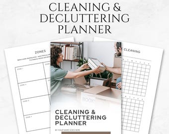 May include: A printable cleaning and decluttering planner with a minimalist design. The cover features the title and a photo of people organizing books. Includes pages for zones and a cleaning schedule. The planner has 14 pages.