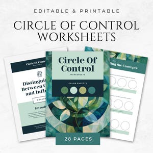 May include: A set of printable worksheets titled "Circle of Control" with a green, blue, and yellow color palette. The worksheets are designed to help people distinguish between what they can and cannot control in their lives. The cover image features a stylized tree with a circle of control graphic.