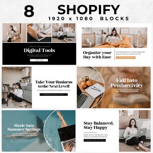 May include: Eight colorful digital marketing templates for Shopify featuring images of people using laptops and text that reads "Digital Tools", "Organize your Day with Ease", "Take Your Business to the Next Level", "Fall Into Productivity", "Sizzle Into Summer Savings", and "Stay Balanced, Stay Happy".