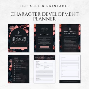 May include: A printable character development planner with a black and pink floral design. The planner includes sections for basic character information, contents, welcome, and how to use the planner.