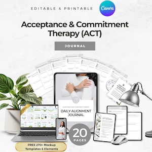 May include: A digital mockup of a journal and related materials for Acceptance & Commitment Therapy (ACT). The image includes a laptop, tablet, and smartphone displaying journal pages, along with the text "Acceptance & Commitment Therapy (ACT) Journal". The image also includes the text "20 Pages".