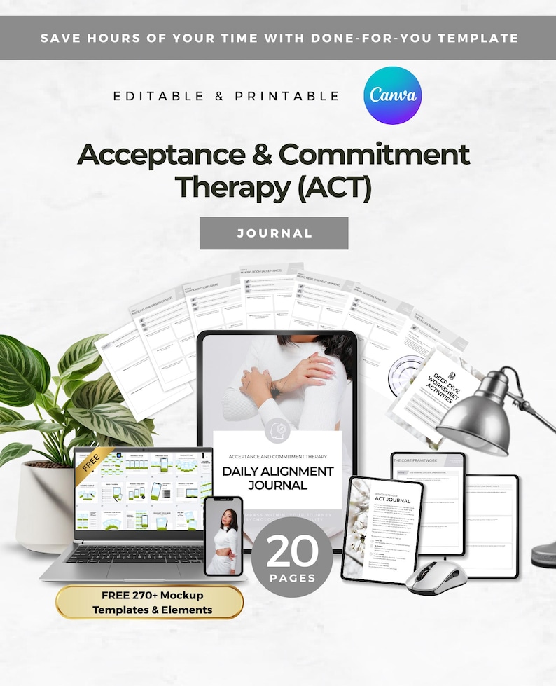 May include: A digital mockup of a journal and related materials for Acceptance & Commitment Therapy (ACT). The image includes a laptop, tablet, and smartphone displaying journal pages, along with the text "Acceptance & Commitment Therapy (ACT) Journal". The image also includes the text "20 Pages".