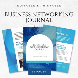 Könnte beinhalten: Ein blaues und weißes Business-Networking-Journal-Cover mit dem Titel "Business Networking Journal" und dem Text "It's Your Networking Adventure" auf dem Cover. Das Journal hat 37 Seiten.