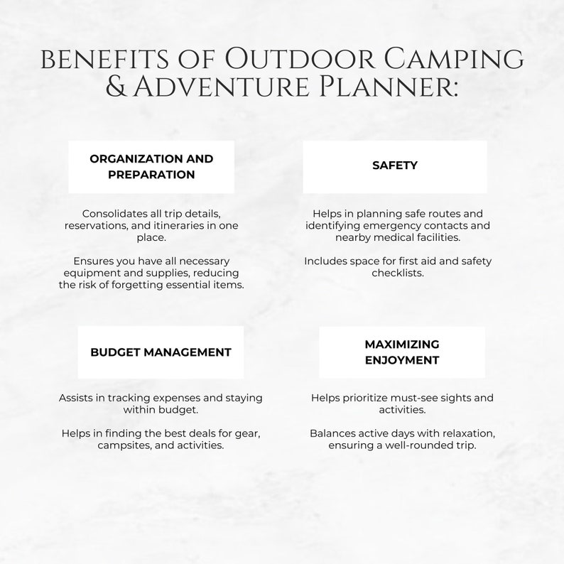 May include: A graphic with a white background and black text outlining the benefits of using an outdoor camping and adventure planner. The benefits are organized into four categories: Organization and Preparation, Safety, Budget Management, and Maximizing Enjoyment.