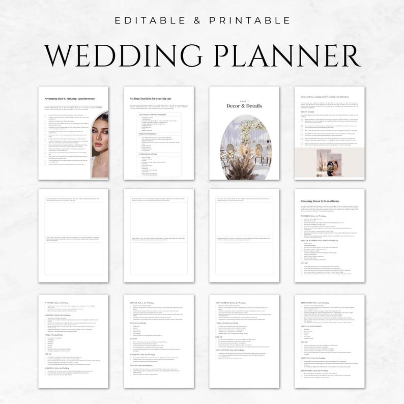 Puede incluir: Un planificador de bodas imprimible con secciones para planificar el gran d&iacute;a, incluyendo decoraci&oacute;n y detalles, la elecci&oacute;n de flores y art&iacute;culos de alquiler, y la creaci&oacute;n de una l&iacute;nea de tiempo de la boda.