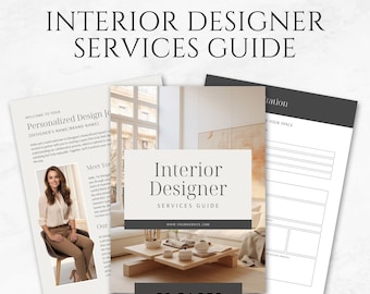 May include: A guide for interior design services with a photo of a living room with a coffee table and a woman sitting on a chair. The guide is 39 pages long and includes the text "Interior Designer Services Guide".