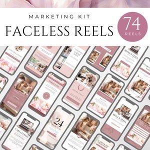 Peut inclure: Une collection de 74 maquettes d'&eacute;cran de t&eacute;l&eacute;phone rose et blanc avec des superpositions de texte. Le texte comprend "Marketing Kit", "Faceless Reels", "F&eacute;licitations Sarah Jane", "Panier ferm&eacute;", "24 heures &agrave; faire", "Nom du d&eacute;fi", "Titre bonus", et plus encore.