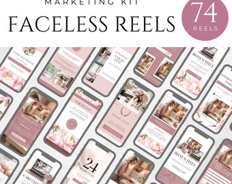 May include: A collection of 74 pink and white phone screen mockups with text overlays. The text includes "Marketing Kit", "Faceless Reels", "Congratulations Sarah Jane", "Cart Closed", "24 Hours to Go", "Name of the Challenge", "Bonus Title", and more.