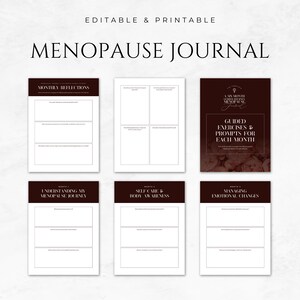 May include: A printable menopause journal with a burgundy and white color scheme. The journal includes guided exercises and prompts for each month of the menopause journey. The cover features the text "A 12 Month Guided Menopause Journal".