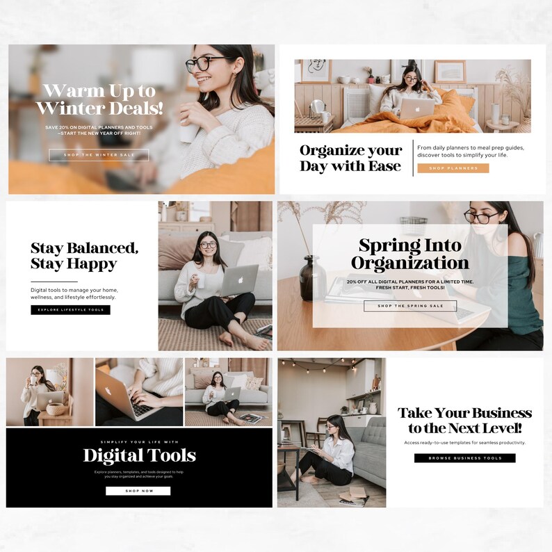 May include: A collage of images featuring women using digital tools and planners. The text "Warm Up to Winter Deals!" is featured in one image, "Organize your Day with Ease" in another, and "Stay Balanced, Stay Happy" in a third. The text "Spring Into Organization" is featured in a fourth image, and "Digital Tools" in a fifth. The final image features the text "Take Your Business to the Next Level!"
