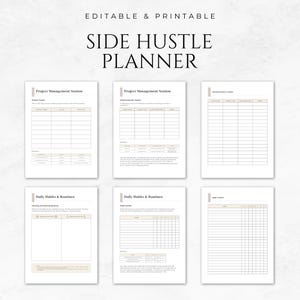 May include: A printable side hustle planner with sections for project management, daily habits and routines, and a client tracker. The planner has a minimalist design with a light brown background.