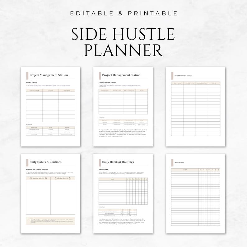 May include: A printable side hustle planner with sections for project management, daily habits and routines, and a client tracker. The planner has a minimalist design with a light brown background.