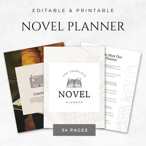 May include: A printable novel planner with a white background and black text. The planner has a logo of an open book with stars above it. The text on the planner says "The Complete Novel Planner" and "54 Pages".