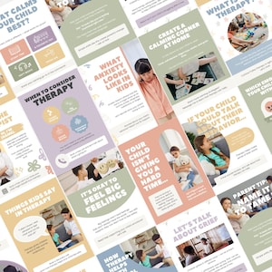 May include: A collage of educational infographics on child psychology, featuring text and illustrations. Topics include anxiety, therapy, and emotional support for children. The color palette includes pastel shades of pink, green, and blue.