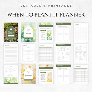 May include: Printable planner with watercolor illustrations of spring and summer flowers. The planner includes pages for planning, tracking, and listing plants. The text on the cover reads "When to Plant It Planner".
