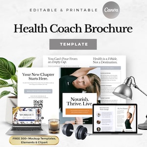 Può includere: Immagine promozionale per un modello di brochure per coach della salute. Il design include un laptop che mostra un programma di allenamento, una candela, manubri e una pianta. Il testo include "Health Coach Brochure" e "Editable & Printable Canva".