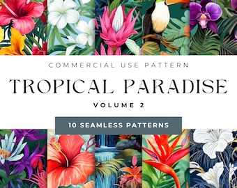 Seamless Tropical Paradise Digital Patterns Tropical Flowers Patterns Tropical Birds Pattern Tropical Fruit Pattern Summer Digital Patterns