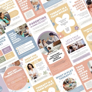 May include: A collage of informational cards with pastel backgrounds. Topics include child therapy, school anxiety, and play therapy. Text includes "Therapy is a Team Effort" and "Parenting is Hard".