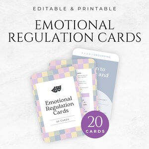 Può includere: Un mazzo di "Emotional Regulation Cards" con un motivo a scacchi viola, giallo e blu. Le carte presentano il testo "Emotional Regulation Cards" e "20 CARDS". L'immagine include anche il testo "EDITABLE & PRINTABLE".