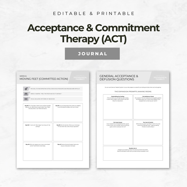 May include: A printable journal for Acceptance & Commitment Therapy (ACT). The journal includes sections for 'Moving Feet (Committed Action)' and 'General Acceptance & Defusion Questions'. The cover features the text 'Acceptance & Commitment Therapy (ACT) Journal'.