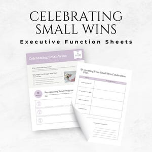 May include: Two white sheets of paper with the text "CELEBRATING SMALL WINS" and "Executive Function Sheets". One sheet has the title "Celebrating Small Wins" and the other has the title "Creating Your Small Win Celebration Plan".