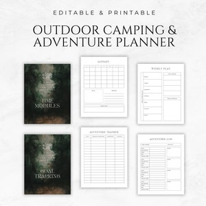 May include: Printable planner with a dark green and brown background featuring a forest scene. The planner includes sections for weekly plans, adventure tracking, and an adventure log. The text "Outdoor Camping & Adventure Planner" is at the top of the page.