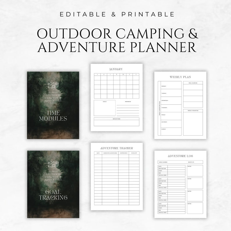 May include: Printable planner with a dark green and brown background featuring a forest scene. The planner includes sections for weekly plans, adventure tracking, and an adventure log. The text "Outdoor Camping & Adventure Planner" is at the top of the page.