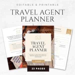 Puede incluir: Un planificador de agentes de viajes con el texto "Travel Agent Planner" y "Editable & Printable". El planificador incluye páginas para planificar y reservar viajes, con un mapa y una cámara visibles en el fondo. El planificador tiene 23 páginas.