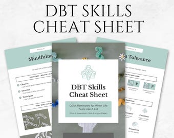 May include: A printable DBT Skills Cheat Sheet with the text "DBT Skills Cheat Sheet" and "Quick Reminders for When Life Feels Like A Lot." The image includes pages on Mindfulness and Distress Tolerance.