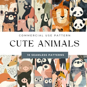 May include: A set of 10 seamless patterns featuring cute animal illustrations. The patterns include foxes, owls, pigs, giraffes, sloths, and pandas. The patterns are in a variety of colors, including pink, blue, green, and brown. "COMMERCIAL USE PATTERN CUTE ANIMALS 10 SEAMLESS PATTERNS" is written in white text on a light gray background.