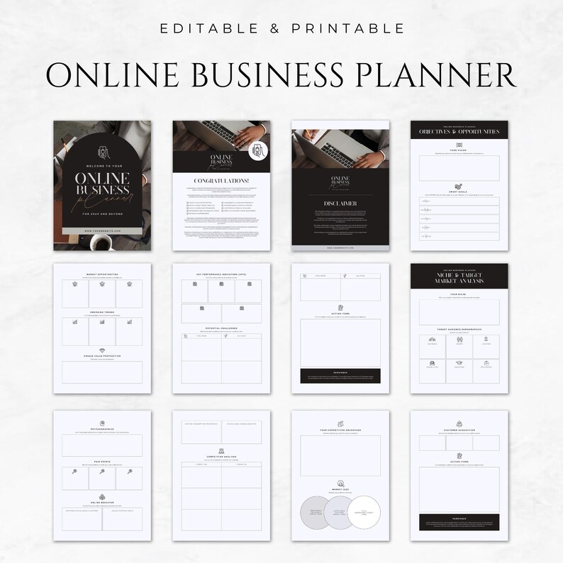 May include: A printable online business planner with a black and white design. The planner includes sections for setting goals, objectives, target market analysis, and more.