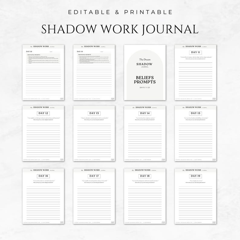 Pode incluir: Um di&aacute;rio de trabalho de sombra imprim&iacute;vel com 19 dias de prompts. O di&aacute;rio &eacute; projetado para ajud&aacute;-lo a explorar seu lado sombrio e trabalhar em quaisquer emo&ccedil;&otilde;es ou cren&ccedil;as negativas que voc&ecirc; possa ter.