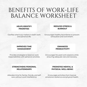 May include: A white and gray worksheet with the title "Benefits of Work-Life Balance Worksheet". The worksheet lists six benefits of work-life balance, including helps identify priorities, reduces stress and burnout, improves time management, enhances productivity, strengthens personal relationships, and promotes mental and physical well-being.