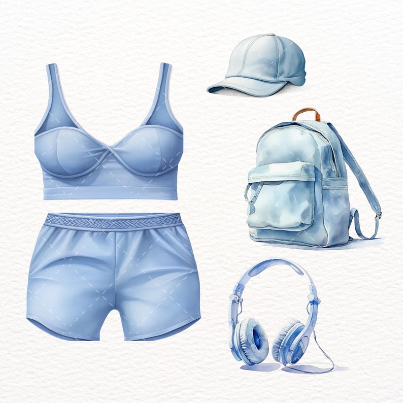 May include: A set of light blue clothing items including a sports bra, shorts, a backpack, a baseball cap, and headphones.