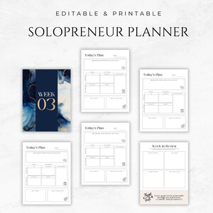 Op de afbeelding: Een printbare solopreneur-planner met een blauw en gouden aquarelontwerp. De planner bevat pagina's voor dagelijkse planning, wekelijkse overzichten en een motiverende quote. De tekst op de pagina luidt "Vertrouw op je gevoel. Elk doel dat ik stel is haalbaar door mijn harde werk, creativiteit en doorzettingsvermogen."